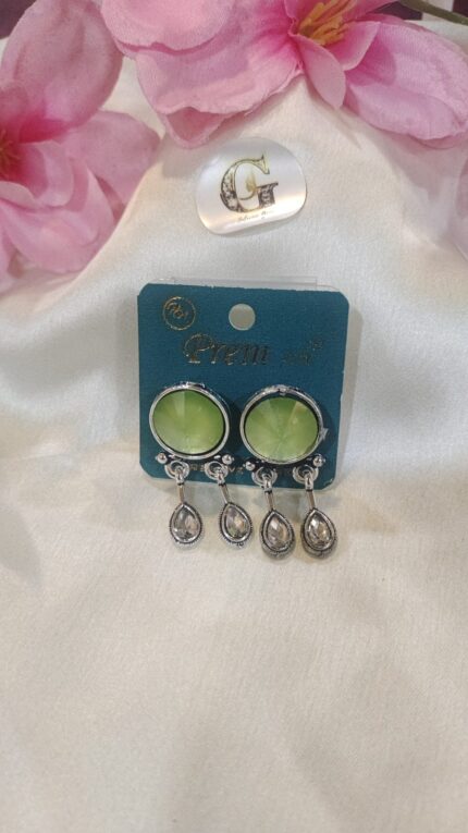 Silver-Toned Drop Earrings with Green and Clear Accents