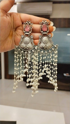 Oxidized Silver Jhumka Earrings with Pearls